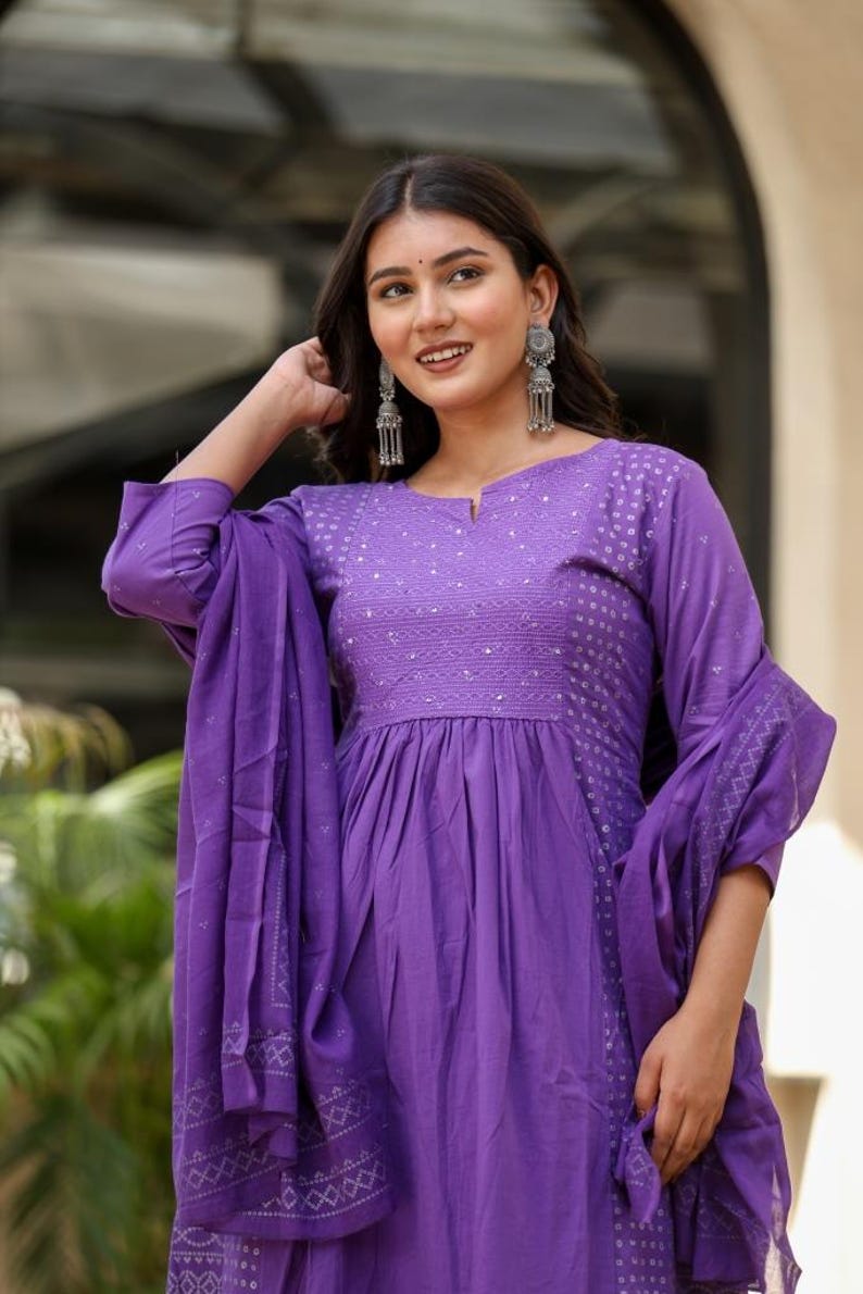 Purple Cotton Kurti Set | Embroidered Indian Dress, Party Wear image 1