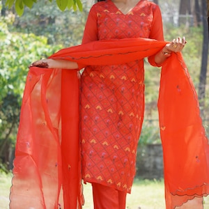 Party wear embroidered work straight kurti with pant and dupatta set, dresses for women, kurta set women