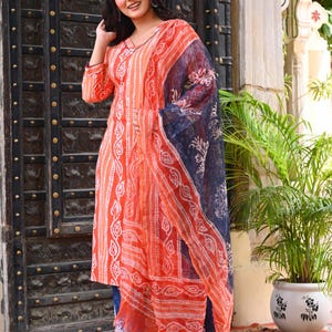 Beautiful Laheriya Print Ethnic Wear Pure Cotton Kurti Pant And Dupatta Set, Pure Cotton Kurti, Salwar Kameez, Kurta set for women, dresses