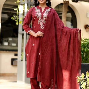 Party wear pure cotton embroidered work kurti pant and dupatta set, cotton kurti set, salwar suits, kurta set women, dresses for women