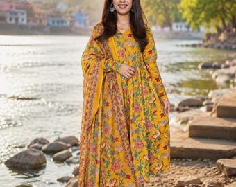 Floral Printed Anarkali Kurta Pant With Dupata Set,Indian Ethnic Salwar Kameez