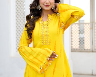 Yellow Embroidered Hand Tie-Dye Printed Kurta Dhoti Set,Women's Ethnic Indian Suit