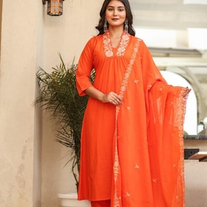 Hand embroidered work all occasion wear cotton kurta palazzo and dupatta set, cotton kurti set, kurta set women, party wear dress