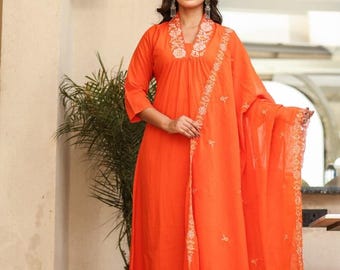 Hand Embroidered Cotton Kurta Palazzo Dupatta Set - All Occasion Wear