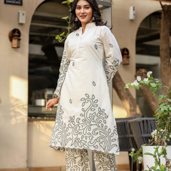 Embroidered Kurta Palazzo Set | Cotton Indian Ethnic Wear for women