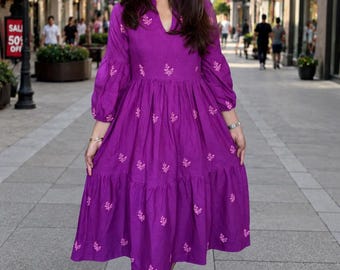 Purple Cotton Embroidered Tiered Maxi Dress, Boho Ethnic Summer Wear For Women's
