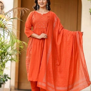 Beautiful Sequence Work Pure Cotton Naira Cut Kurta Pant And Dupatta Set, Pure Cotton Kurti Set, Kurta palazzo set, Plus Size Outfits
