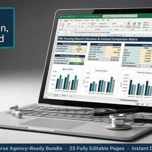 May include: A laptop showing a spreadsheet with charts and data, with a stethoscope and earbuds. The screen displays "P06: Housing Stipend Calculator & Contract Comparison Matrix." Text on the screen reads "Confident Negotiation, Automated."