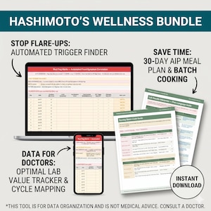 Puede incluir: Un paquete digital de bienestar con el texto "Hashimoto's Wellness Bundle". La imagen muestra una computadora portátil, un teléfono inteligente y guías impresas. La computadora portátil muestra una tabla de datos, y el teléfono inteligente muestra una alerta de bandera roja. Las guías incluyen un plan de comidas y un intérprete de resultados de laboratorio.