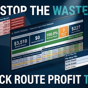 Może przedstawiać: Grafika cyfrowa z tekstem „STOP THE WASTE” i „UNLOCK ROUTE PROFIT TODAY”. Obraz wyświetla wizualizacje danych, w tym wykresy i tabele z informacjami finansowymi, takimi jak przychody, marża i dane klientów.