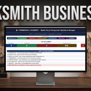 May include: A computer monitor shows locksmith business software, with the text "LOCKSMITH BUSINESS OS" above. The screen displays key and transponder operations data. Keys are displayed on a pegboard and in a small display case, with various key types.