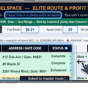 May include: A smartphone screen displays the Shelspace Elite Route & Profit Dashboard. The app shows client data, addresses, and profit metrics. The interface includes a user scroll motion indicator and a table with columns for travel time and true hourly rate.
