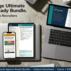 May include: A laptop, tablet, and smartphone display professional recruitment tools. The text reads "The 25-Page Ultimate Agency-Ready Bundle" and "Three Hero Tools Recruiters Cannot Ignore". The bundle includes a resume, cheat sheet, and license expiry dashboard.