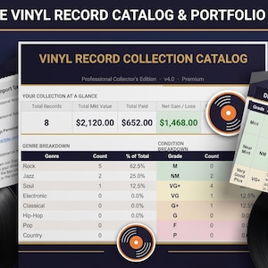 Könnte beinhalten: Ein Vinyl-Schallplatten-Sammlungskatalog und Portfolio-Tracker. Der Katalog zeigt die Gesamtzahl der Platten, den Marktwert und den Nettogewinn an. Enthält eine Bewertungsanleitung und eine Genreaufschlüsselung. Das Bild zeigt auch zwei Schallplatten.