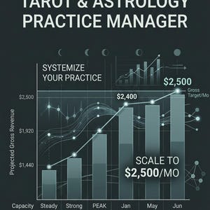 May include: A dark teal graphic with the text "ARCANA CRM TAROT & ASTROLOGY PRACTICE MANAGER." The image includes a bar graph showing projected gross revenue, with a goal to scale to $2,500/mo. The graph also shows the text "Track Every Client Transit."