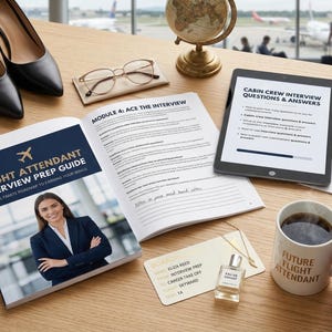 Könnte beinhalten: Ein Stillleben mit einem Vorbereitungsleitfaden für Flugbegleiter-Interviews, einem Tablet mit Interviewfragen und einer Kaffeetasse mit dem Aufdruck "Future Flight Attendant". Enthält auch schwarze Absätze, eine Brille und eine Parfümflasche.