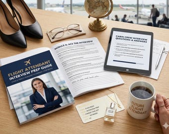 May include: A desk scene with a flight attendant interview guide, a tablet showing interview questions, and a coffee mug with "Future Flight Attendant" printed on it. Also includes black heels, glasses, and a perfume bottle.