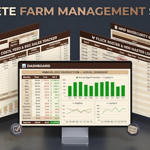 Puede incluir: Un sistema digital de gestión agrícola con el texto "COMPLETE FARM MANAGEMENT SYSTEM." La imagen muestra varios gráficos y registros, incluido un panel con un resumen visual de la producción anual de huevos y otros registros de costos, alimentación y gestión de rebaños.