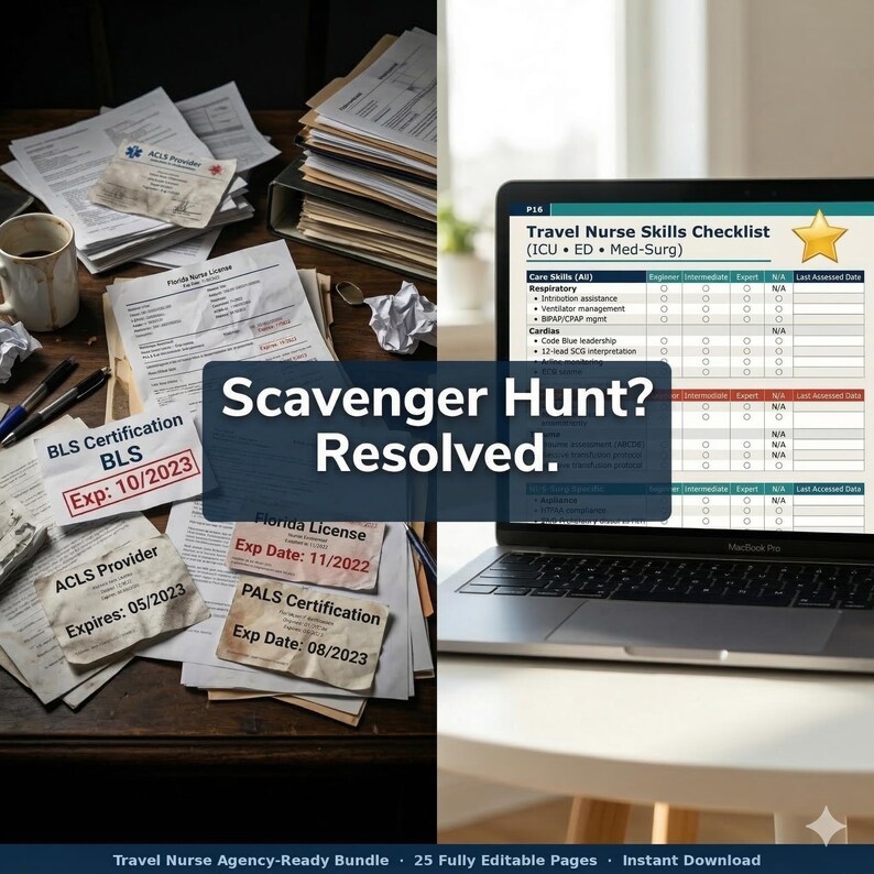 May include: The image features a desk with medical certifications, a laptop displaying a checklist, and the text "Scavenger Hunt? Resolved." Certifications include BLS, ACLS, and PALS. The laptop screen shows a travel nurse skills checklist.