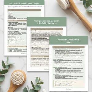Puede incluir: Una composición de spa con formularios de análisis de la piel, exenciones de consentimiento e instrucciones de cuidado posterior. Un cepillo corporal de madera y un frasco de suero están presentes, con ramitas de eucalipto.