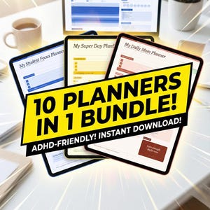 Puede incluir: Un paquete de planificadores digitales con el texto "¡10 PLANIFICADORES EN 1 PAQUETE!" y "¡DESCARGA INSTANTÁNEA PARA TDAH!". La imagen muestra varios planificadores digitales en una superficie blanca, incluyendo "My Student Focus Planner".