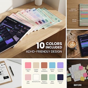 May include: A stack of colorful "My Daily Focus Planner" notebooks with an ADHD-friendly design. The image also shows a tablet and a clipboard with planner pages, plus a color palette with 10 options.