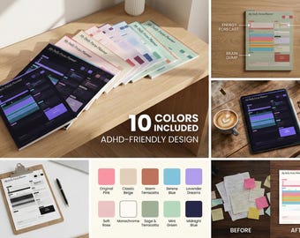 May include: A selection of colourful "My Daily Focus Planner" notebooks with an ADHD-friendly design. The image also shows a tablet and a clipboard with planner pages, plus a colour palette with 10 options.