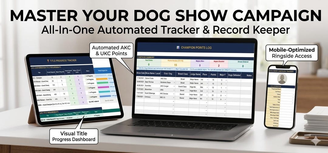 AKC UKC Conformation Show Tracker Excel – Champion Points Log, Major ...