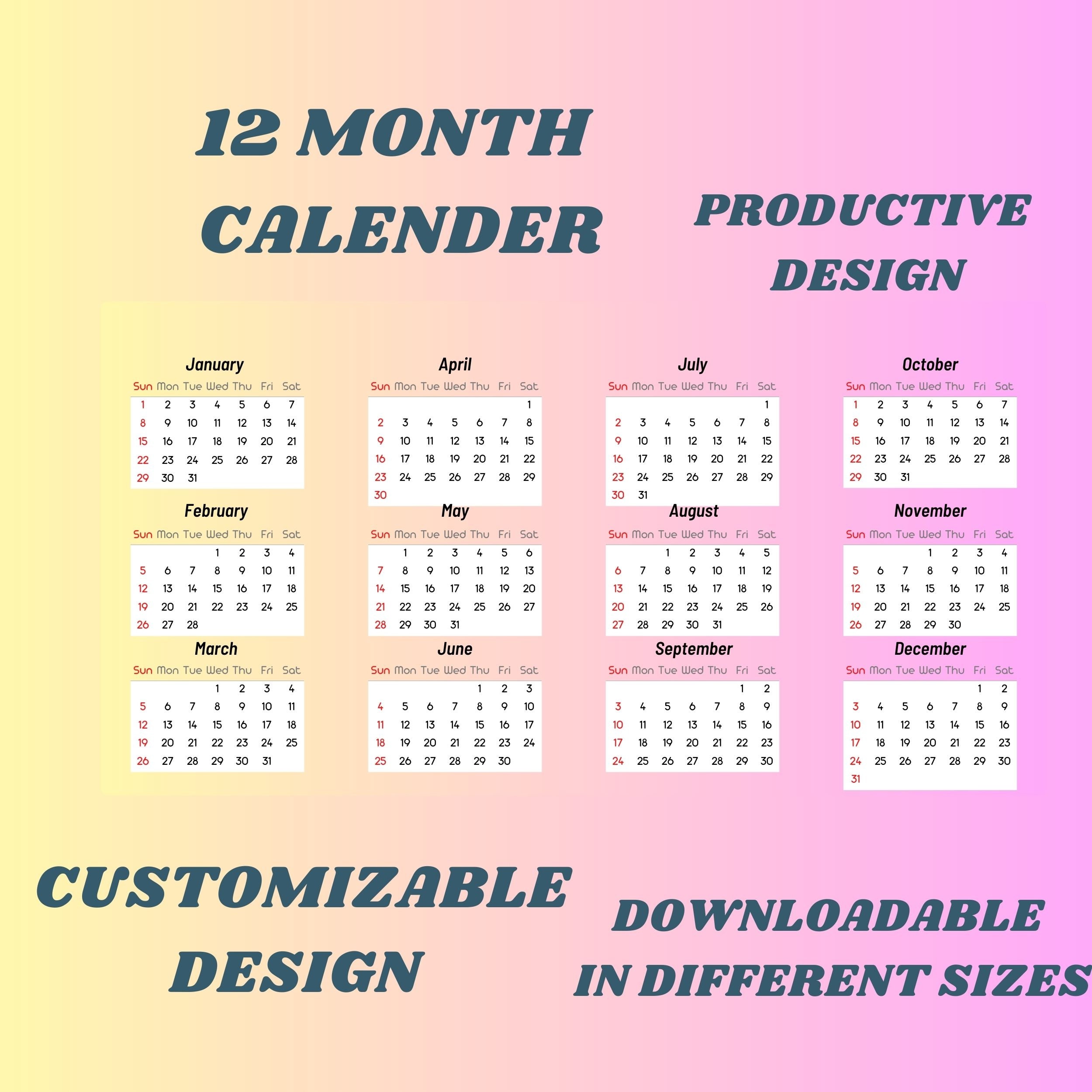Full Year Calendar 8x11 Printable 1 Page - Etsy