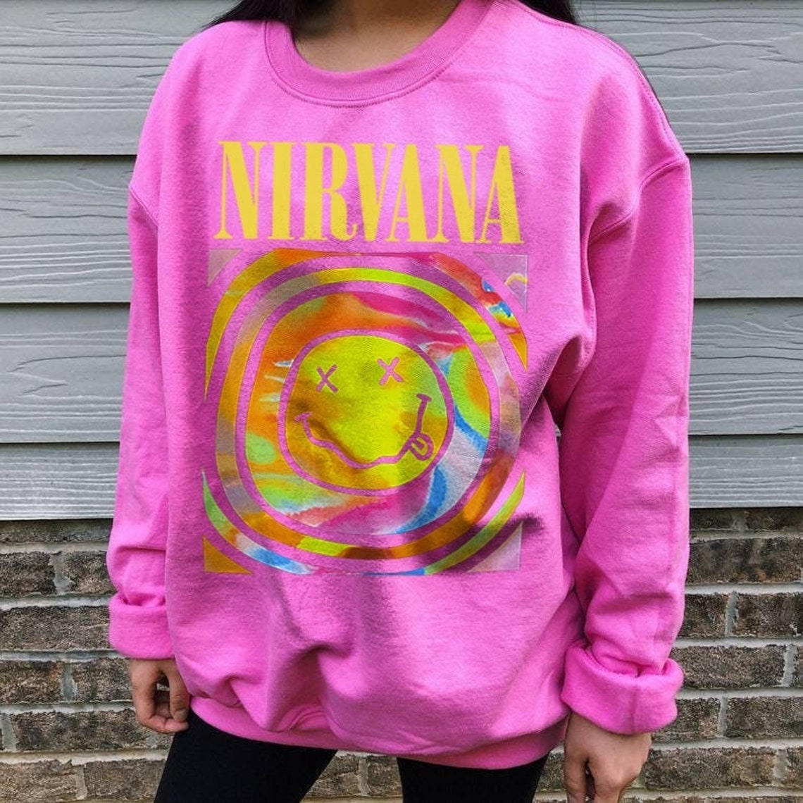 Nirvana Smiley Face Crewneck Sweatshirt Heliconia Color - Etsy Ireland