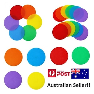 35 x Carpet Markers Circles 100mm Diameter 4 Colours Classroom Prop Sit Dots Spots Red Yellow Orange Purple Pink Green Blue Hook Loop