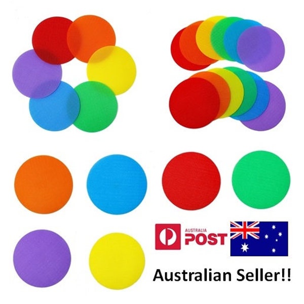 35 x Carpet Markers Circles 100mm Diameter 4 Colours Classroom Prop Sit Dots Spots Red Yellow Orange Purple Pink Green Blue Hook Loop