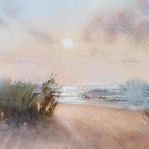 Original Watercolor Sunset Seascape, Soft Coastal Landscape Painting, Beach Grass Art, Minimalist Ocean View