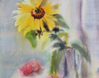Original Sonnenblume Aquarell Stillleben Gemälde, Blumenkunst (40x27.5 cm)