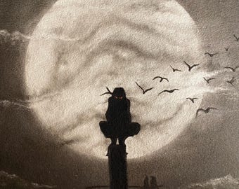 Handgemalte mystische Mondzeichnung, Kohlezeichnung