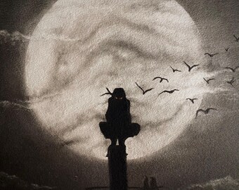 Handgemalte mystische Mondzeichnung, Kohlezeichnung