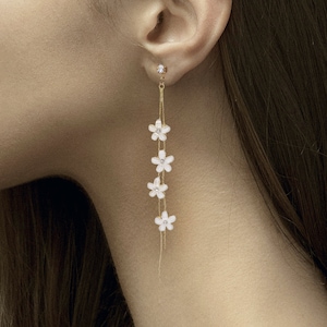 Gold Long Drop Earrings with White Floral Accents - Dainty Bridal and Boho Chic Statement Jewelry