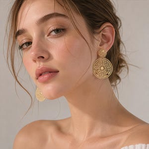 Large Gold Filigree Dangle Earrings, Lightweight Boho Statement Jewelry
