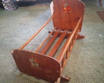 Vintage Wooden Handmade Doll Crib 22in USA Some Damage Extremely Rare Unique Old
