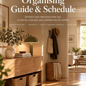 May include: A digital guide titled Studio 45°N The Calm Home Organising Guide & Schedule. The text includes: Declutter once, then keep it that way. A room-by-room plan and a schedule that fits real life. Step-by-step guide, checklists, daily to seasonal schedules, 30-day plan.