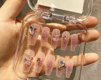 Pink diamond nails, wearable nail patches, removable crystal nails, girl's nails
