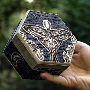 Woodburned jewelry hexagon box with Comet moth and Moon phases, Hand engraved design ideal as crystal storage or ring holder