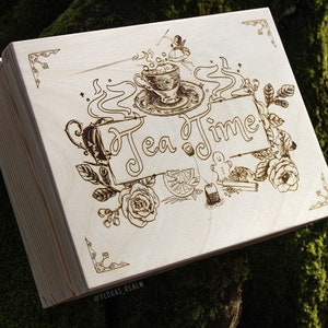 Wooden Tea Box with Engraved Fairy Tale Setting - 6 Compartment Tea Storage Chest