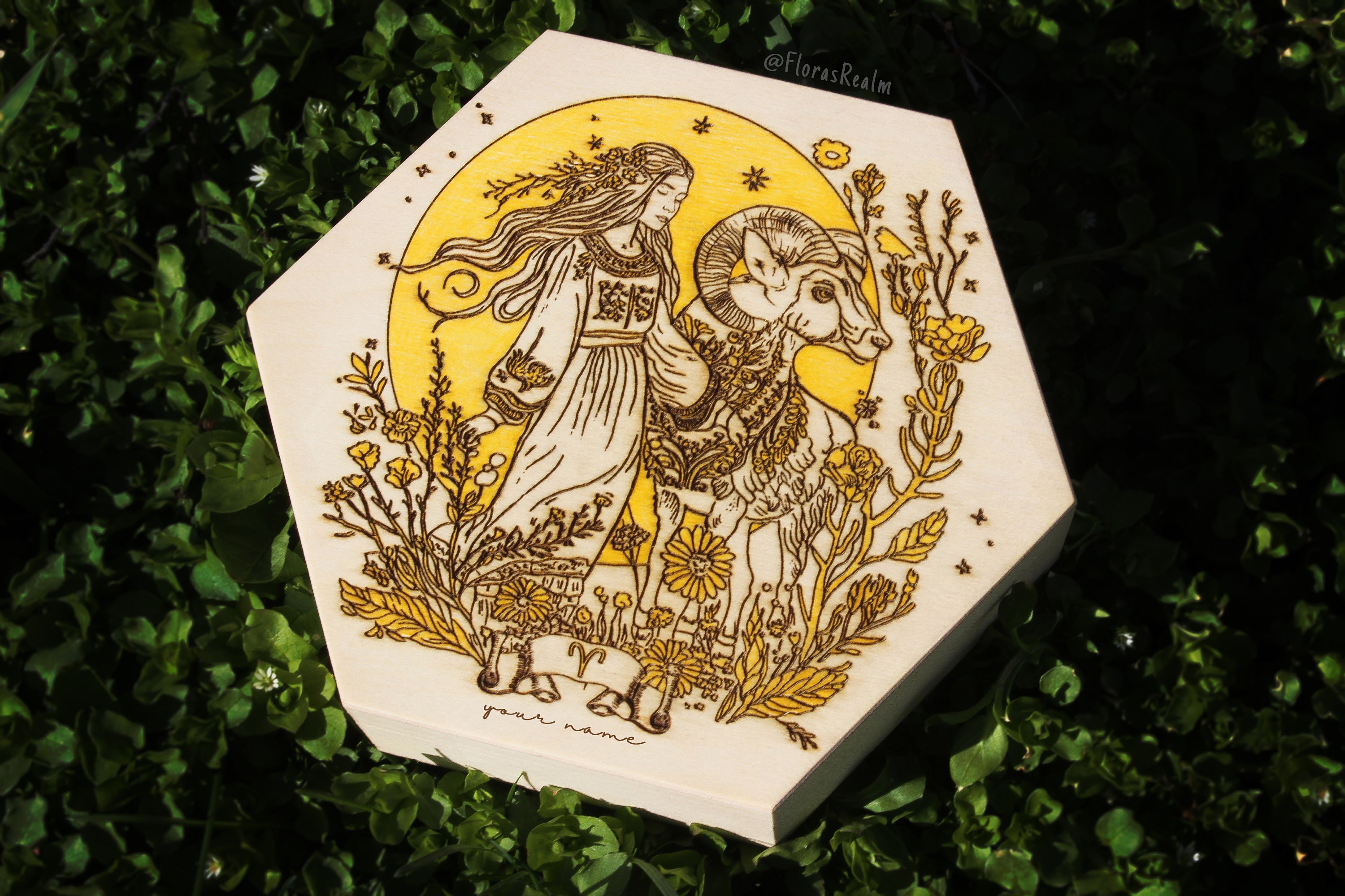 Custom Aries Zodiac Hexagon Box Featuring Engraved Pagan Folk Astrology ...