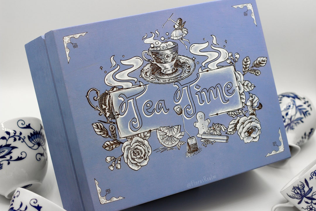Tea Box With 6 Compartments, Lavender Blue Organizer With Wood Burning ...