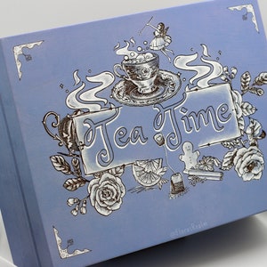 Tea Box with 6 Compartments, Lavender Blue Organizer with wood burning art, Tea Gift Box, Hand painted Tea Chest, Perfect as a kitchen gift