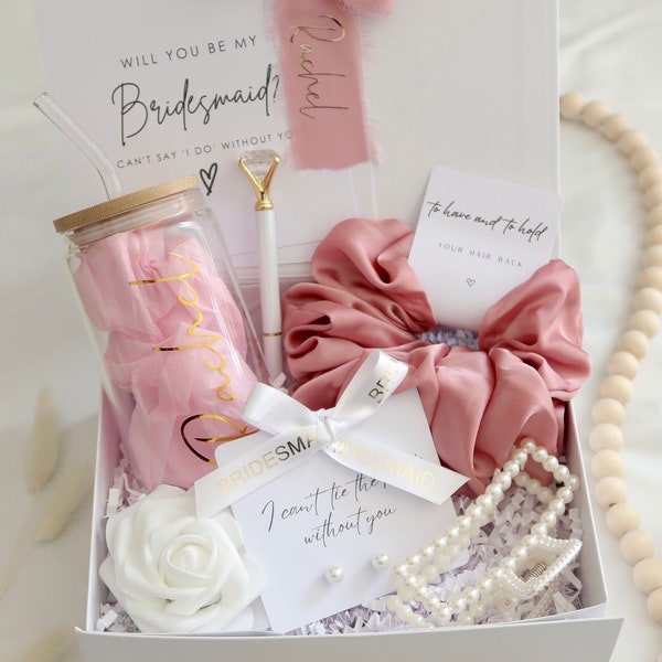 Bridesmaid Proposal Box Set  Personalised Bridesmaid Pink Gift Box Will You Be My Maid of Honour Proposal Tumbler 925 Scrunchie Gold Card