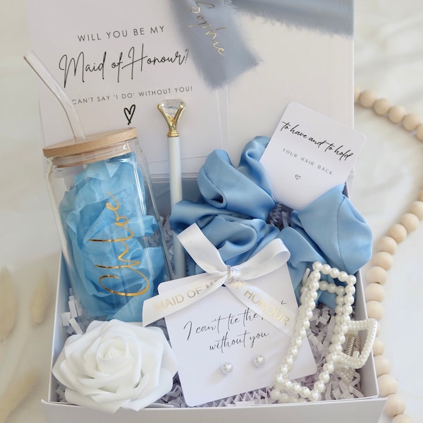 Bridesmaid Proposal Box Set Personalised Bridesmaid Blue Steel Gift Box Will You Be My Maid of Honor Wedding Gift Tumbler 925 Scrunchie Gold