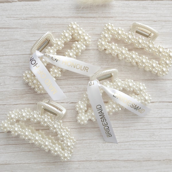 Bridal Hair Claw Clips Pearl Bridesmaid White Pearls Hair Craw Bridesmaid Maid Of Honour Gift Ribbon Propasal Bridal Party Present Hair Clip