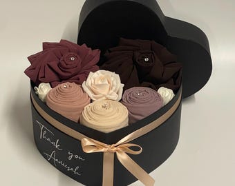 Personalized heart hijaab gift box, Personalised Heart Hijaab Gift Box: Cotton Scarf Bouquet